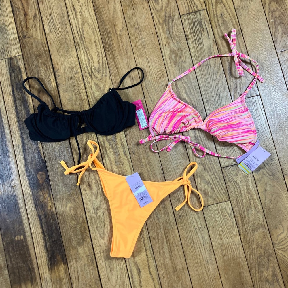 NEW‎ Xhilaration Wild Fable Bikini Lot 3pc Black Underwire Pink Striped Orange M